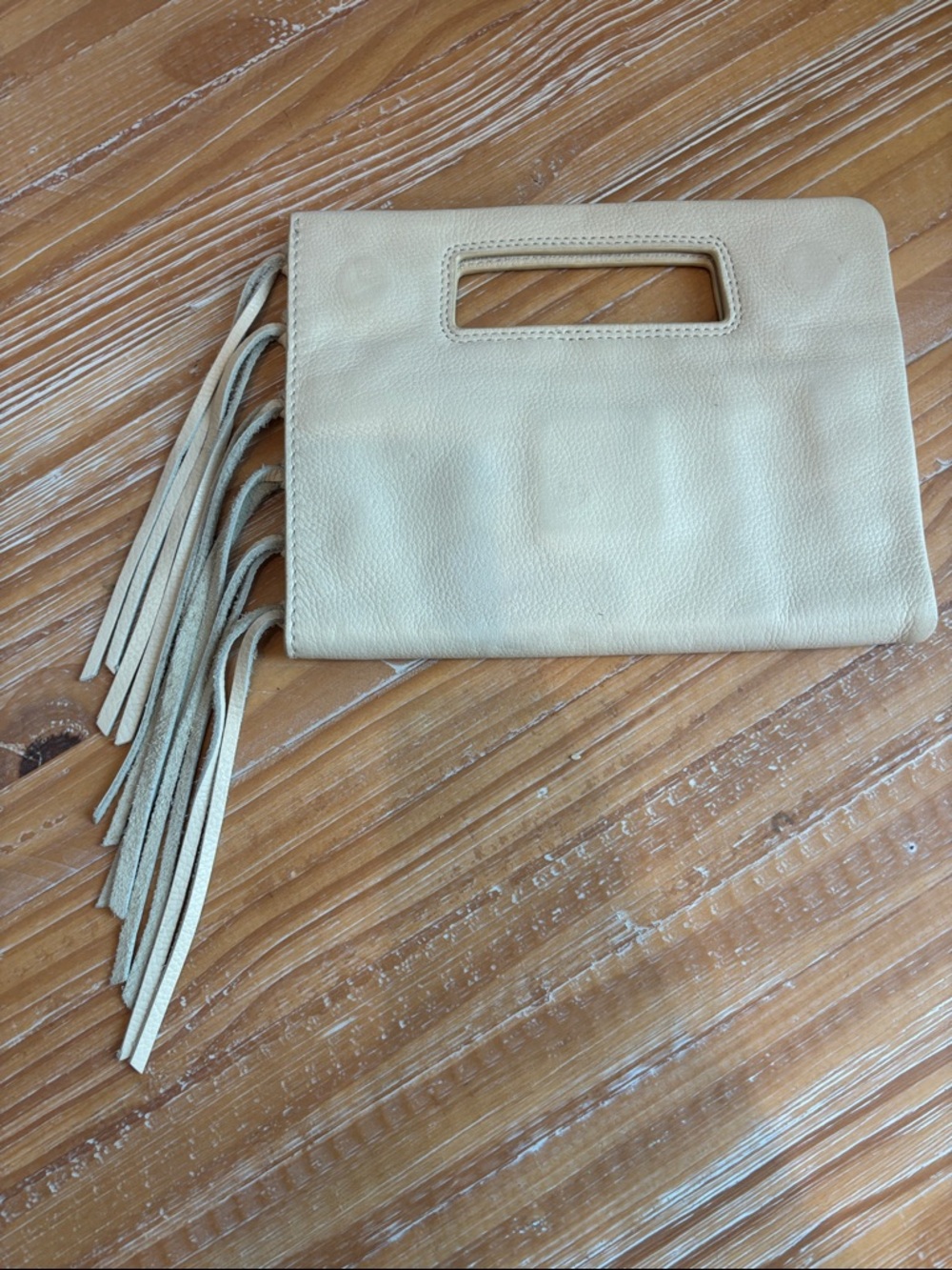 Leather Fringe Hobo Clutch in Cream